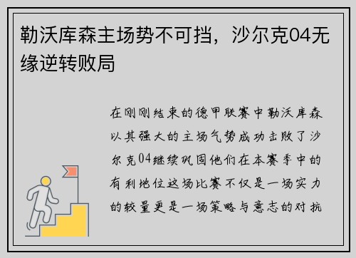 勒沃库森主场势不可挡，沙尔克04无缘逆转败局