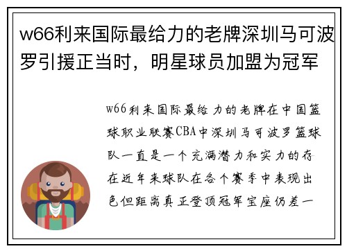 w66利来国际最给力的老牌深圳马可波罗引援正当时，明星球员加盟为冠军添砖加瓦