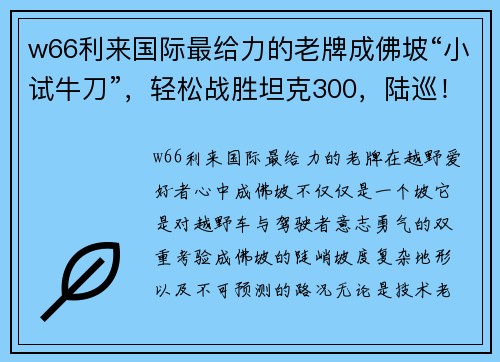 w66利来国际最给力的老牌成佛坡“小试牛刀”，轻松战胜坦克300，陆巡！高颜值才10来万